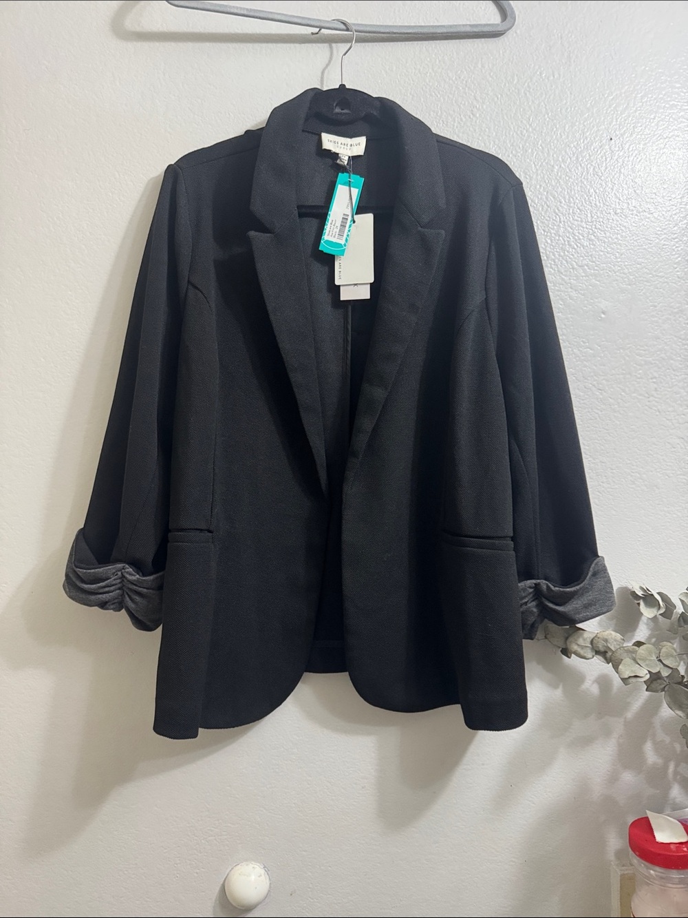 Skies are Blue  Curvy stretchy Black Open-Front Blazer with Contrast Rolled Cuff